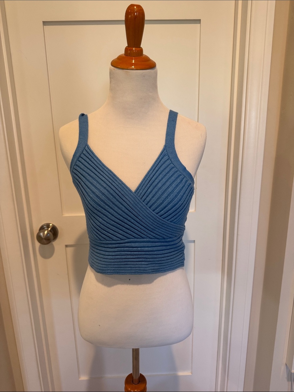 Princess Polly Dusty Blue Ribbed Wrap Crop Tank